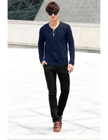 Fashion Men Slim T-shirt V-neck Long Sleeve Button Pullover Tops Tee Shirt Dark Blue