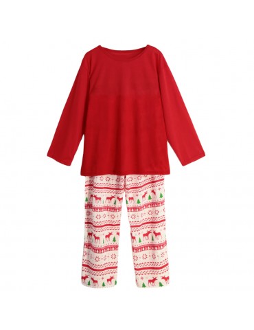 New Men Two-Piece Set Pajama Christmas Sleepwear O-Neck Long Sleeves Casual House Coat Top Pants Red