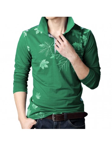 Fashion Casual Men T-shirt Maple Leaf Print Long Sleeves Turn Down Collar Slim Tops