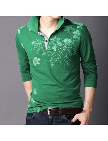 Fashion Casual Men T-shirt Maple Leaf Print Long Sleeves Turn Down Collar Slim Tops