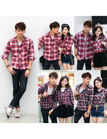 Korean Fashion Men Shirt Plaid Check Pattern Turn-down Collar Long Sleeve Pocket Casual Tops for Couple