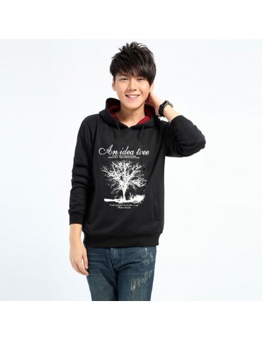 New Fashion Men Hoodies Tree Letter Print Long Sleeve Sport Casual Pullover Tops Black