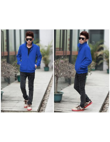Fashion Men Thin Coat Stand Collar Long Sleeves Zipper Solid Color Casual Jacket Outerwear Blue