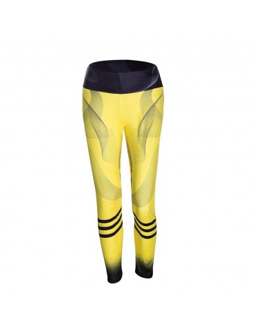 CK2245 Women Stripe Pattern Yoga Pants High-waist Leggings Size L - Yellow