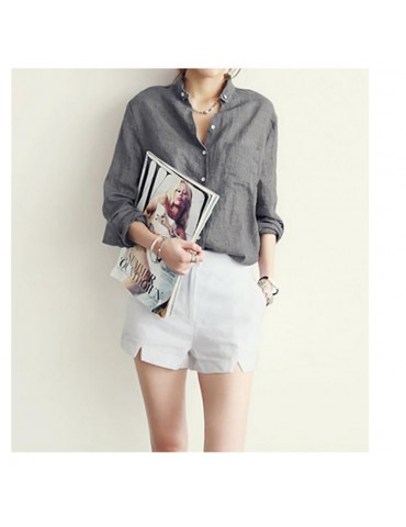 New Fashion Women Cotton Long Sleeved Solid Casual Loose Shirt Size M - Gray
