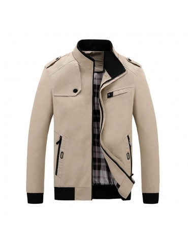 CA9801 Men's Autumn Winter Classic Casual Jacket (Lapel Grid Long Sleeve Polyester Jacket Size M) - Khaki