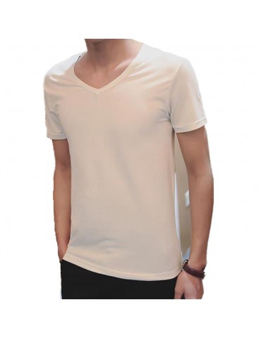 Men's Basic V-neck Short Sleeve T-shirt (Personality Tee Cultivating Size M) - White