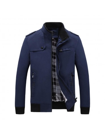 CA9801 Men's Autumn Winter Classic Casual Jacket (Lapel Grid Long Sleeve Polyester Jacket Size M) - Dark Blue