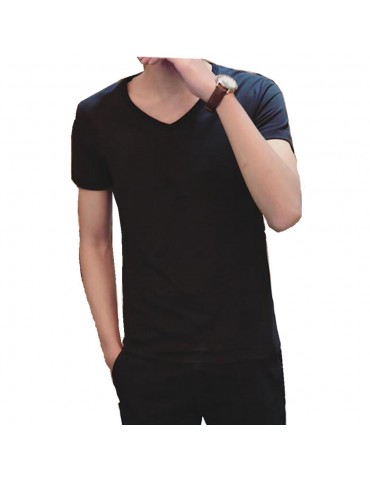 Men's Basic V-neck Short Sleeve T-shirt (Personality Tee Cultivating Size L) - Black