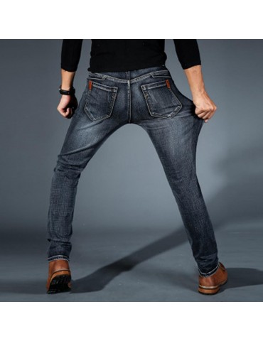 TL86 Men Elastic Jeans Straight Slim Long Pants Size 32 - Black