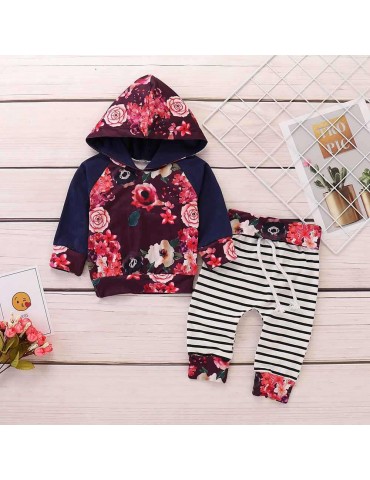 HZ50060 Kids Girls Rose Pattern Two-piece Set (Hooded Long Sleeve Hoodie + Striped Trousers Size 80) - Multicolor