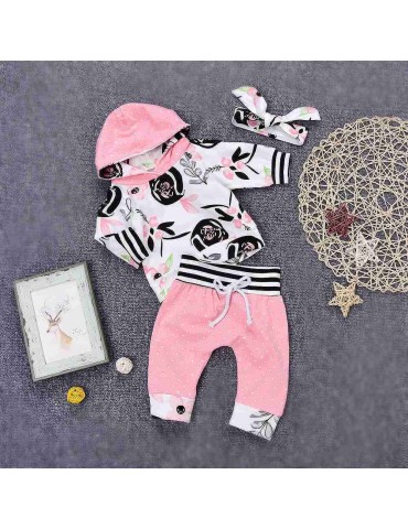 HZ50090 Kids Girls Flower Pattern Cotton Three-piece Set (Long-sleeve Top + Polka Dot Trousers + Hairband Size 90) - Pink