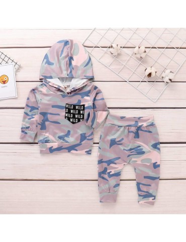 HZ50067 Kids Boys Girls Camouflage Pattern Two-piece Set (Long-sleeve Hoodie + Casual Pants Size 100) - Multicolor