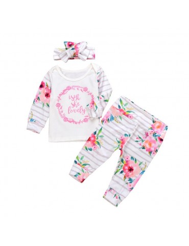 HZ50088 Kids Girls Flower Letter Pattern Three-piece Set (Long-sleeve Top + Flower Bow Tie Trousers + Hairband Size 70) - White