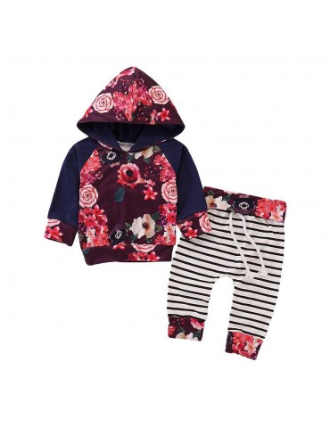 HZ50060 Kids Girls Rose Pattern Two-piece Set (Hooded Long Sleeve Hoodie + Striped Trousers Size 100) - Multicolor